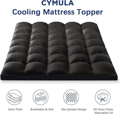 CYMULA Full Size Mattress Topper, Black Cooling Mattress Pad Cover, Thick Full Bed Pillow Topper Soft Firm with Deep Pockets, Washable Plush Down Alternative Fill Mattress Protector