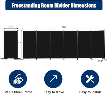Room Divider 6FT Portable Room Dividers and Folding Privacy Screens, 204'' W Fabric Divider for Room Separation, 6 Panel Partition Room Dividers Freestanding Wall Divider Screen for Dorm Studio Office