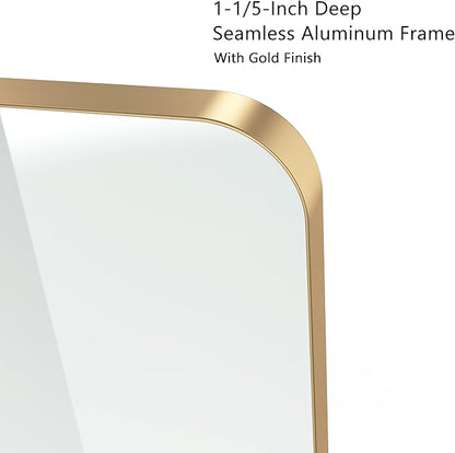 VocalStar 18 x 26 Inch Gold Bathroom Mirror for Wall, Metal Framed Rounded Rectangle Vanity Mirror, 1/4-inch Shatterproof Glass | Ultra-Flush Hanging