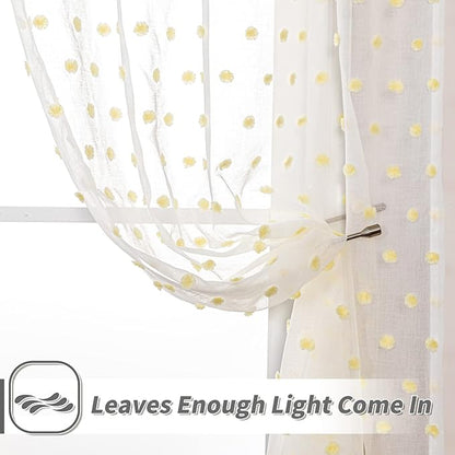 MYSKY HOME Yellow Curtains for Girls Bedroom Nursery Pom Pom Curains for Boys Girls Kids Room White Sheer Curtains for Living Room Playroom Rod Pocket Window 52" x 63" Set of 2