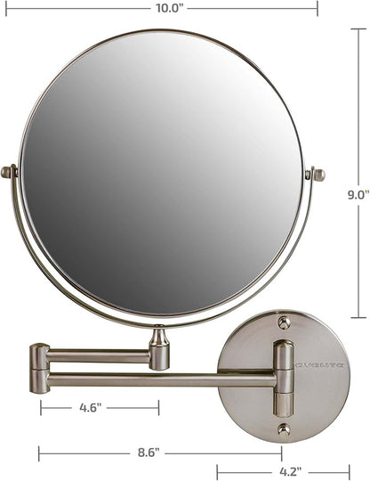 OVENTE 9" Wall Mounted Makeup Mirror with 1X/7X Magnification, Double Sided Magnifying Round Bathroom Vanity Mirror, 360° Swivel Design, Extendable and Folding Arm, Nickel Brushed MNLFW90BR1X7X