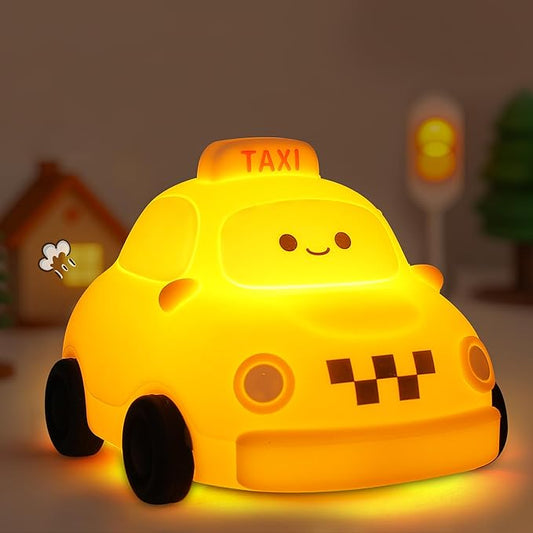 Car Night Light for Kids - 2-in-1 Dimmer & Timer, Rechargeable Squishy Silicone Baby Lamp, Cute Taxi Car Nightlight for Boys Girls Birthday Xmas Gifts Bedroom Decor Lamp