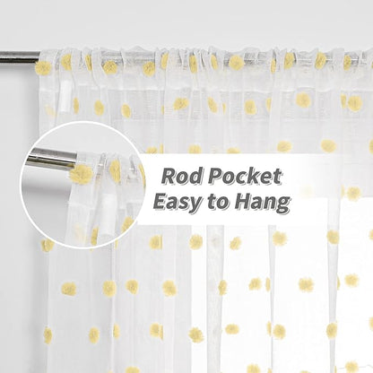 MYSKY HOME Kitchen Curtains 54 Inch Long Small Window Curtains for Bathroom Cafe Bedroom Yellow Pom Pom Curtains for Nursery Boys Room Rod Pocket 2 Pieces Drapes 52 x 54 inch Length