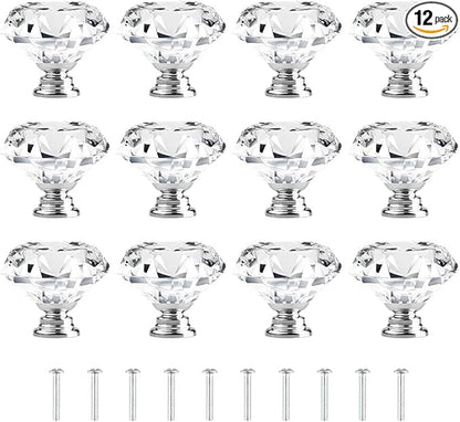 [12 PCS] 30mm Crystal Clear Glass Cabinet Drawer Pulls, Attom Tech Diamond Shape Cupboard Knobs with Screws for Kitchen, Dresser, Cupboard, Bathroom, Wardrobe (1.2 inch / 30 mm)