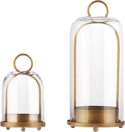 5" & 4" Wide Versatile Metal Candle Holder with Handmade Sturdy Glass Dome in Brass for Pillar Candle & Plants, 5.1" xH11.8 4" xH7.5, Industrial, Farmhouse, Shabby Chic. (2, Brass, Large & Small)