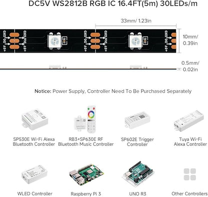BTF-LIGHTING WS2812B IC RGB 5050SMD Pure Gold Individual Addressable LED Strip 16.4FT 150LED 30Pixel/m Flexible Full Color IP67 DC5V for DIY Chasing Color Project(No Adapter or Controller)