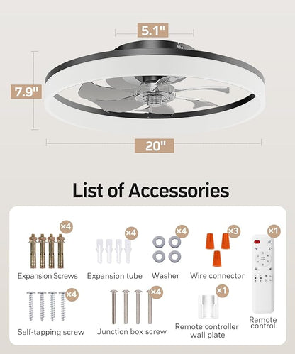 Smart Ceiling Fans with Light and Remote,20'' Low Profile Ceiling Fan with 6-Speed & Dimmable LED, Alexa/APP Home Voice Control, App, Reversible Airflow, App Timer, for Beedroom（Black）