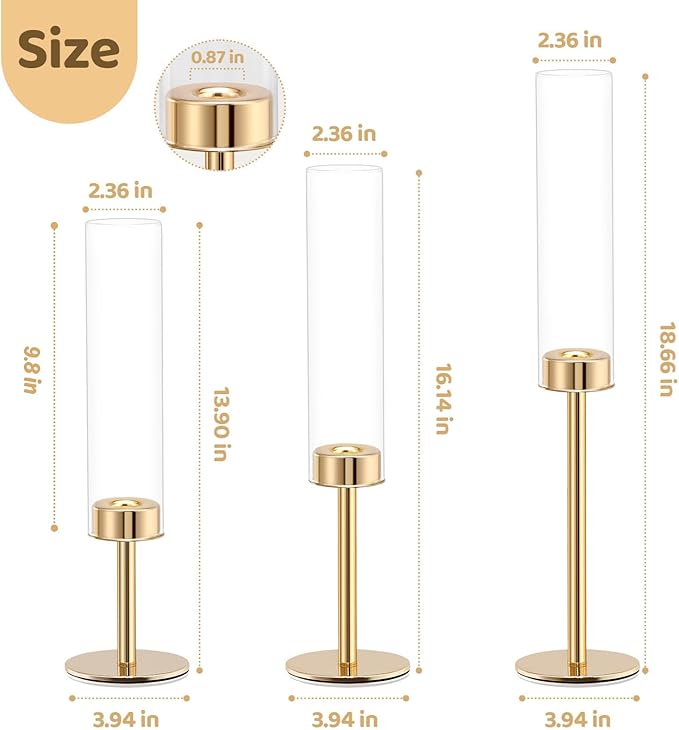 Gold Hurricane Candle Holders Set of 3, Tall Metal & Windproof Glass Taper Candle Holders, Outdoor/Indoor Table Centerpieces for Weddings, Christmas, Parties, Fireplace Decor