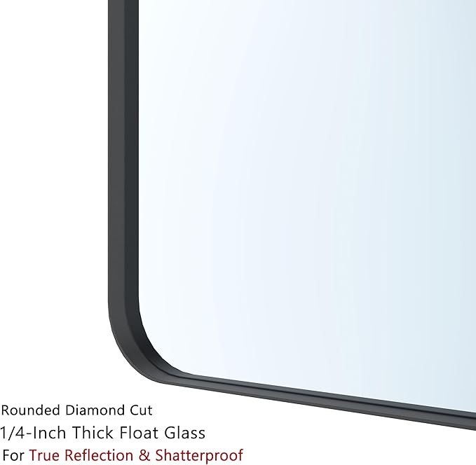 VocalStar Black Metal Framed Bathroom Mirror for Wall, 48 x 36 Inch Large Rounded Rectangle Matte Black Bathroom Vanity Mirror Farmhouse, 1/4-inch Shatterproof Glass | Ultra-Flush Hanging