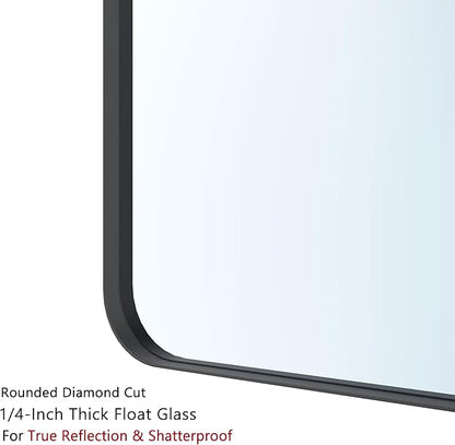 VocalStar Black Metal Framed Bathroom Mirror for Wall, 48 x 36 Inch Large Rounded Rectangle Matte Black Bathroom Vanity Mirror Farmhouse, 1/4-inch Shatterproof Glass | Ultra-Flush Hanging