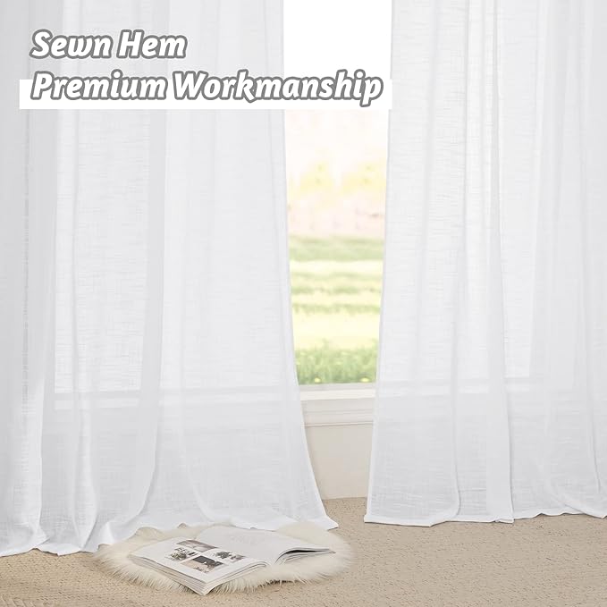 RYB HOME White Kitchen Curtains - Linen Textured Sheer Curtains Light Filtering Privacy Window Drapes Soft Airy Breathable Draperies for Bedroom, RV Camper, Nursery, Cafe, W 52 x L 36 inch, 2 Panels