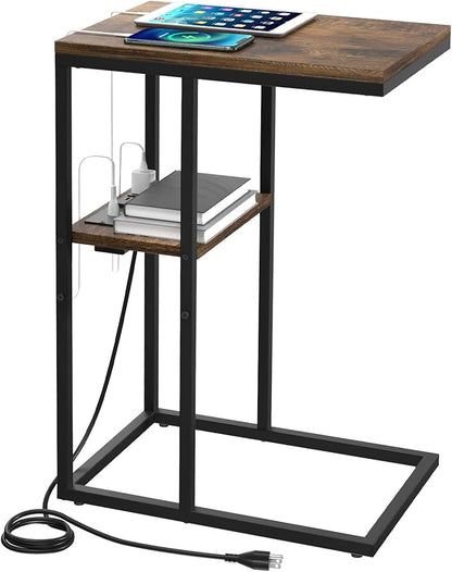 Yoobure C Shaped End Table with Charging Station, Small Side Table for Sofa，26" Tall Tv Tray Couch Table with Storage,Bedside Table with USB Ports and Outlets for Living Room, Bedroom, Rustic Brown