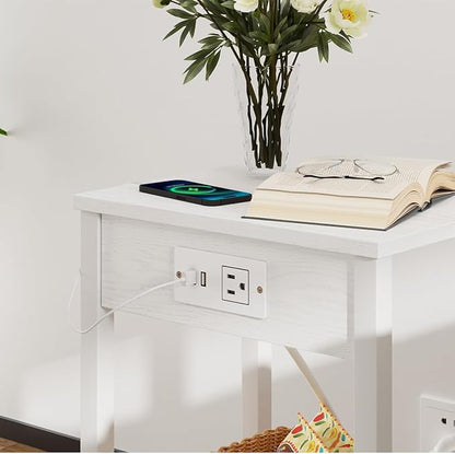 VIMBER Set of 2 End Table with Charging Station, Narrow Side Table with USB Ports and Outlets, Nightstands with 2-Tier Storage Shelves, Sofa Table for Small Space Living Room Bedroom, White UTBT102W2