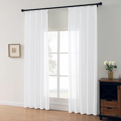 White Sheer Curtains 102 Inch Long, Cotton Linen Textured Light Filtering Drapes, Privacy Living Room Window Decor, Semi-Transparent Floor to Ceiling Pinch Pleat Curtain with Hooks