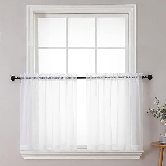 Chyhomenyc Sheer White Tier Curtains 24 Inch Length Set, Small Window Curtains Treatment for Bathroom/Living Room/Cafe/Basement, Short Voile Curtain Tiers 42in x 24in, Rod Pocket, 2 PCS