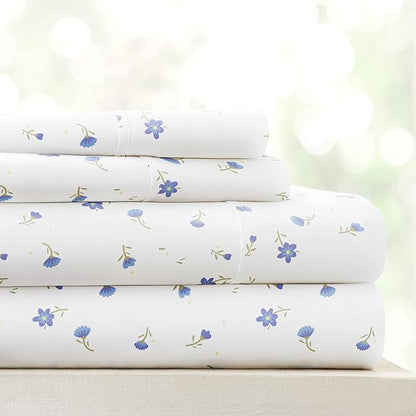 Linen Market Double-Brushed Patterned Microfiber King Sheet Set 4 Piece – Oeko-TEX Certified Ultra Soft & Wrinkle-Free - 16" Deep Pocket Sheets - Easy Care King Size - Soft Floral Light Blue