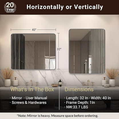 ANDY STAR 40x32 Inch Chrome Mirror for Bathroom, Chrome Bathroom Vanity Mirror, Rounded Rectangle Mirror, Anti-Rust SUS304, Seamless Tube Metal Frame, 1’’ Deep Wall Mounted Vertically/Horizontal