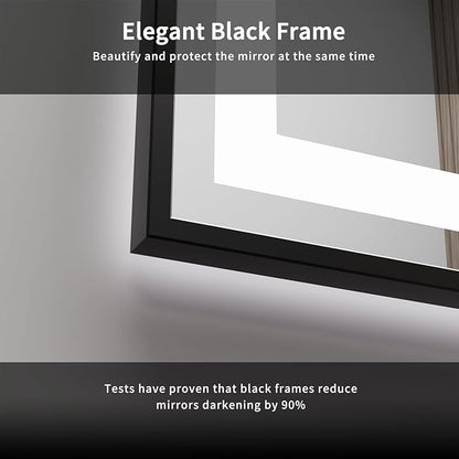 LED Bathroom Mirror, 28x36 Inch Black Framed Gradient Front and Backlit Bathroom Mirror with Lights, 3 Colors Dimmable CRI>90, Enhanced Anti-Fog Wall Mounted LED Mirror for Bathroom