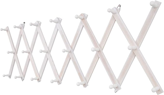 Accordion Wall Hanger with 20 Hooks, Wooden Wall Expandable Coat Rack for Coat, Hats, Baseball Caps, Coffee Mug, Jewelry(Ruist White)