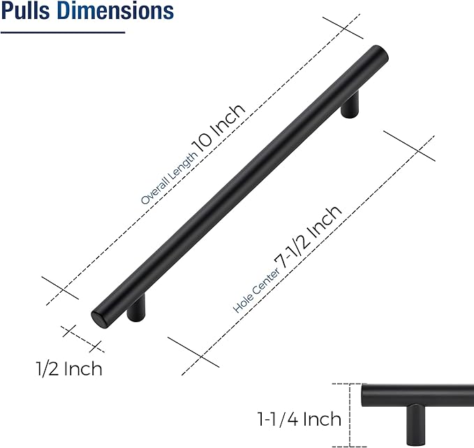JOY DECOR 60 Pack Cabinet Handles, Black Cabinet Pulls, 7-1/2 in Hole Center Kitchen Hardware, Stainless Steel T Bar Handles for Dresser Drawers
