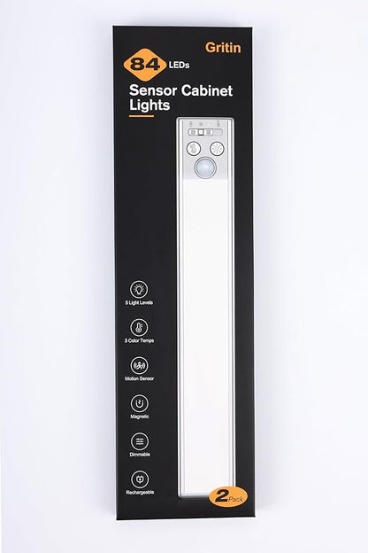 Gritin 10.2inch Under Cabinet Lighting Rechargeable -84 LED Super Bright,3-Color& 5 Level Brightness,4 Modes,Motion Sensor,Long Lasting- Easy Installation Magnetic Under Cabinet Closet Lights -2 Pack