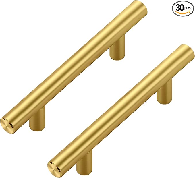 JOY DECOR 30 Pack Cabinet Handles, Gold Cabinet Pulls, 3 in Hole Center Kitchen Cabinet Handles, Stainless Steel T Bar Handles for Dresser Drawers