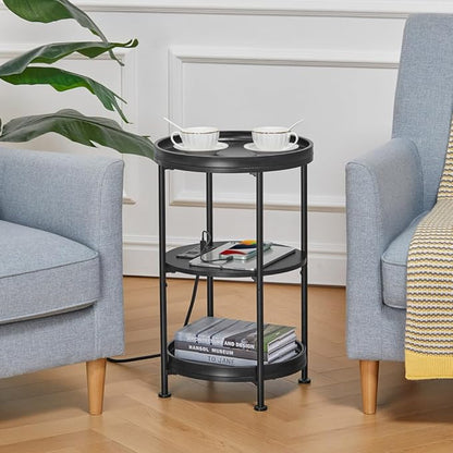 Dulcii Round Side Table with Charging Station, 24'' End Table with 3 Shelves for Living Room, Bedroom Nightstand with Steel Frame for Small Spaces, Industrial Round Sofa Table (USB+Black)