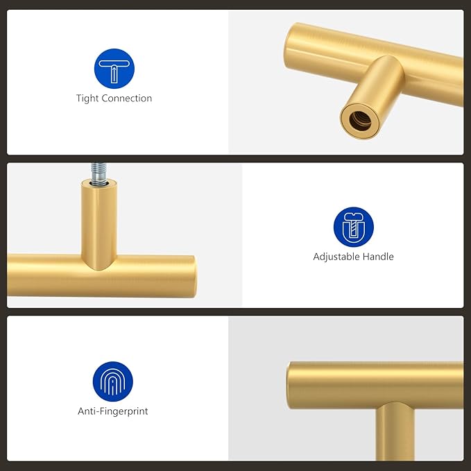 LONTAN 10 Pack Gold Cabinet Knobs Gold Drawer Knobs Brushed Brass Kitchen Cabinet Hardware for Bathroom Cupboard 2in Overall Length,Stainless Steel
