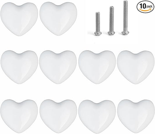 Ceramic Drawer Knobs Heart Shape Cabinet Dresser Pulls Handles with 3 Sized Screws, Kitchen Furniture Knobs for Closet Cupboard Wardrobe (White, 10 Pack)