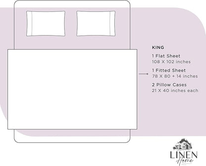 Linen Home 100% Cotton Percale Sheets King Size, Iris Lilac, Deep Pocket, 4 Pieces Set - 1 Flat, 1 Deep Pocket Fitted Sheet and 2 Pillowcases, Crisp Cool and Strong Bed Linen