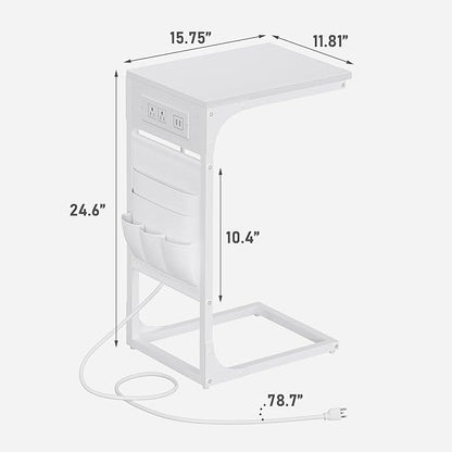 TUTOTAK C Shaped End Table with Charging Station, Side Table for Sofa, Couch Table with Storage Bag, Set of 2, TV Tray Table with 2 USB Ports and Outlets for Living Room, Bedroom, White TB01BW0242