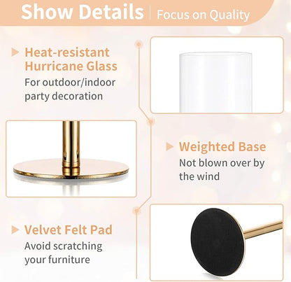 Nuptio Glass Hurricane Candle Holder: Set of 6 Gold Candlestick Holders - Long Stem Taper Candleholders for Christmas Tabletop Centerpiece Fireplace Decor Cylinder Candle Stand Windproof 14" 16" 18"