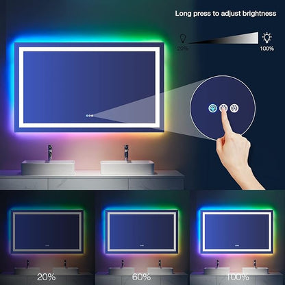 LOAAO 55”X36“ RGB LED Bathroom Mirror with Lights, Large, Anti-Fog, Dimmable Smart Lighted Bathroom Vanity Mirror, Multiple Light Modes, RGB Backlit + Front Light, Memory Function, Tempered Glass