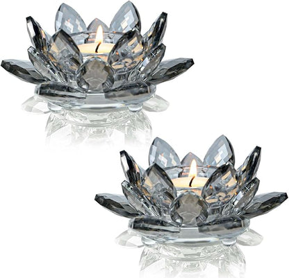 Lotus Black Crystal Candlestick 2-Piece Tealight Candle Set, Black Glass Votive Candle Holder for Tabletop Dining Table Center Decoration Ideal Candle Holder for Wedding Valentine's Day Decoration