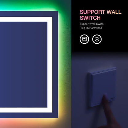LOAAO 72X32 Inch RGB LED Bathroom Mirror with Lights, Anti-Fog, Dimmable Lighted Bathroom Vanity Mirror, Colorful Multiple Light Modes, RGB Backlit + Front Light, Memory Function
