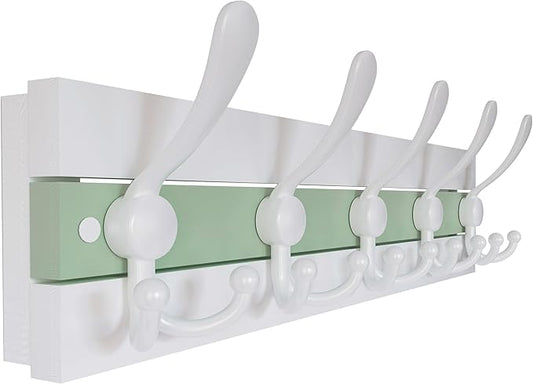 SKOLOO Coastal Wall Mounted Coat Rack - 17" Beach House Entryway Wooden Coat Hook with 5 Hooks for Hanging Coats, Hats or Towels, Oceanfront Cottage Core Collection, White & Green