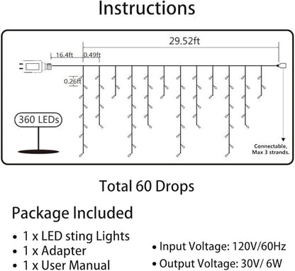 Toodour Christmas Icicle Lights Outdoor, 360 LED 29.5ft 8 Modes Fairy Icicle String Light with 60 Drops, Led Christmas Lights Twinkle for Holiday, Party, Wedding, Eaves, Xmas Decorations (Warm White)