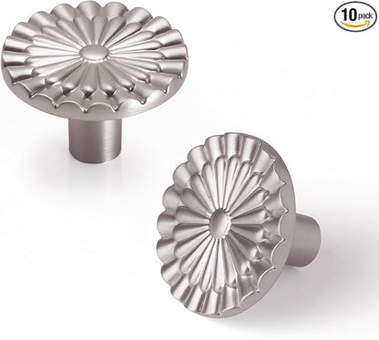 Brushed Nickel Cabinet Knobs 10 Pack Round Sunflower Dresser Drawer Hardware Furniture Cupboard Handles for Bathroom Single Hole Knob Kitchen SH-BN-K10