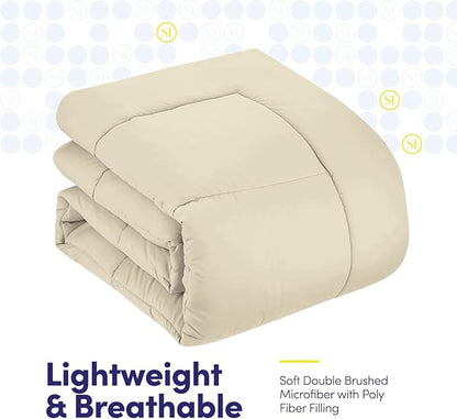 Sweet Home Collection 7 Piece Comforter Set Bag Solid Color All Season Soft Down Alternative Blanket & Luxurious Microfiber Bed Sheets, Beige, Full