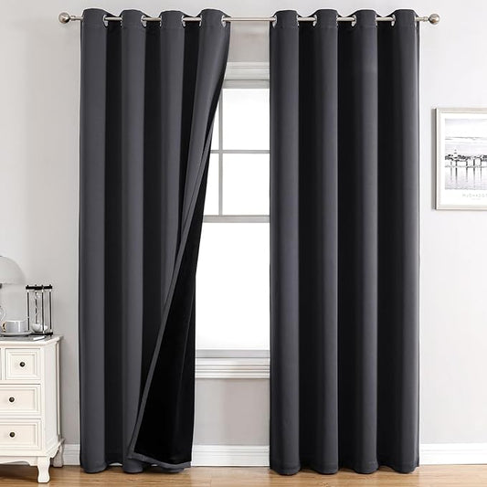 ChrisDowa 100% Blackout Curtains for Bedroom with Black Liner, 2 Thick Layers Total Blackout Thermal Insulated Grommet Window Curtains 72 Inch Length 2 Panels Set (Dark Grey, 52 x 72 Inch)