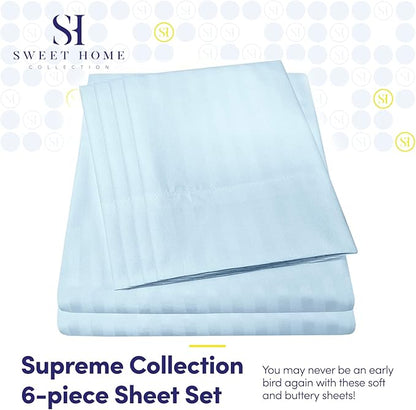 Dobby Stripe Queen Sheets - 6 Piece 1500 Supreme Collection Fine Brushed Microfiber Deep Pocket Queen Sheet Set Bedding - 2 Extra Pillow Cases, Great Value, Queen, Dobby Light Blue