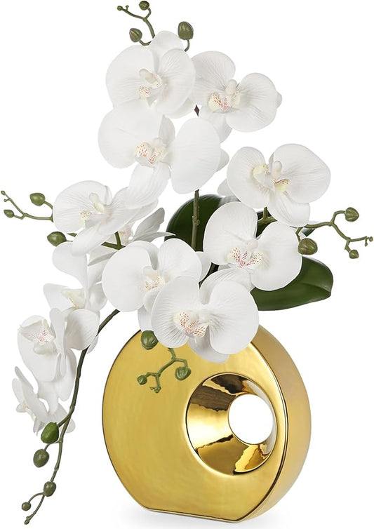 Briful Artificial Orchid Flowers in Gold Pot 15.7" Tall White Faux Orchid Arrangement Silk Orchid Flower Fake Orchids Centerpiece for Home Office Room Wedding Table Décor