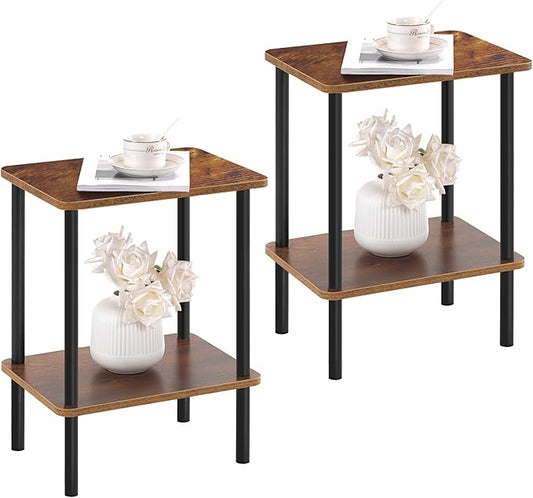 Apicizon 2 Tier End Table Set of 2, Small Side Table with Solid Wood Legs, Boho Bedside Table with Storage Shelf, Nightstand for Small Spaces, Bedroom, Living Room, Entryway, Easy Assembly, Brown