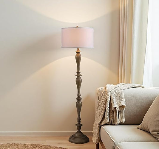 Design Floor Lamp Reading Light with Linen Shade, 61.5" Resin Farmhouse Floor Lamp, Vintage Standing Lamp for Living Room Bedroom Office (Brown 1 Pack)