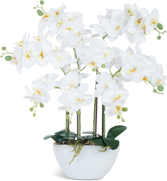 Ziwon Artificial Orchid Flowers & Plants Potted in Ceramic Pot, White Faux Phalaenopsis Orchids for Table Centerpiece, Realistic Fake Flower Arrangement for Home Office Decor Indoor