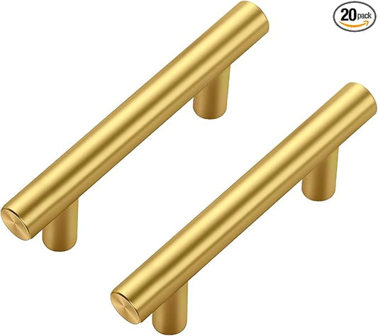JOY DECOR 20 Pack Cabinet Handles, Gold Cabinet Pulls, 2-1/2 in Hole Center Kitchen Cabinet Handles, Stainless Steel T Bar Handles for Dresser Drawers