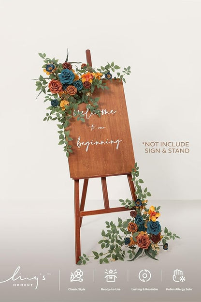 Ling's moment 2pcs Wedding Flowers Garland Artificial Floral Swag Arch Decorations Greenery Arrangements Orange & Teal Ceremony Reception Garden Easel Wall Entryway Outdoor Board(NOT Include Sign)