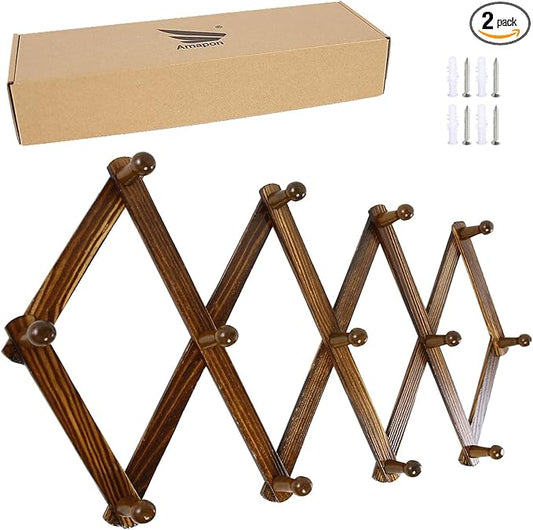 AMAPON Accordion Style Expandable Wall Wooden Coat Rack 13 Hooks (Pegs) Hang Hats Jackets Coffee Mug Purses Necklaces Towels Cap Leash Scarves Data Line Kitchenware (Walnut Color 2 Pack)