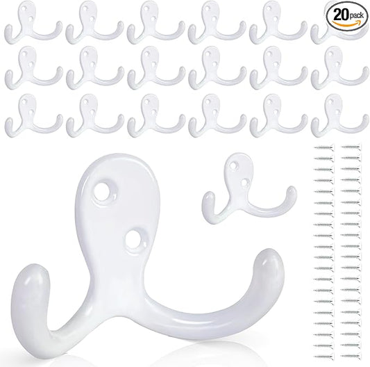 20 Pack Coat Hooks Wall Hooks for Hanging, Heavy Duty Double Prong Metal Hook Wall Mounted for Living Room, Bathroom, Kitchen, Bedroom for Coat, Bag, Scarf, Towel, Hat, Key, Cup (White)