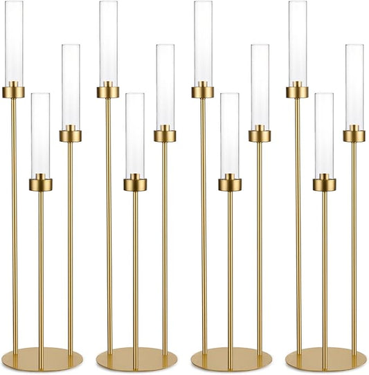 Vincidern 4pcs Gold Candelabra 3 Arm Taper Candle Holders with Acrylic Shades, Decorative Metal Candlestick Holders for Wedding Table Centerpiece, Halloween,Christmas, Party, Events Decor